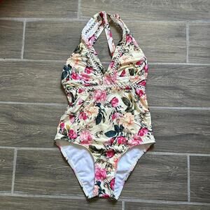 Floral print halter neck one piece swimsuit